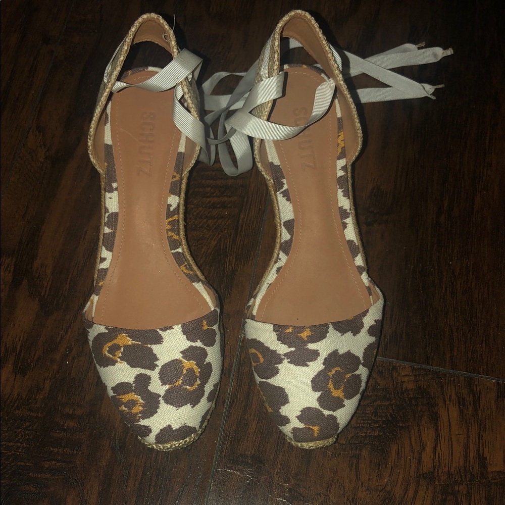 SCHUTZ Floral Canvas Ankle-Tie Espadrilles in Cream, Brown and Gold